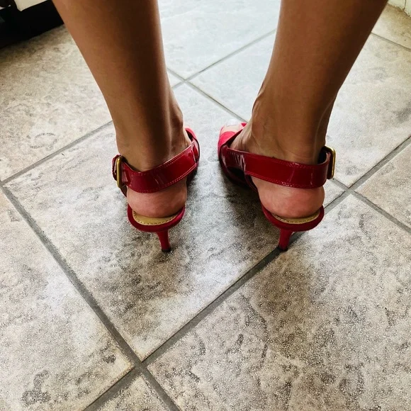 RED YSL Patten Leather & Suede mix high heels sandals. Open Toe, Slingback - Picture 15 of 16